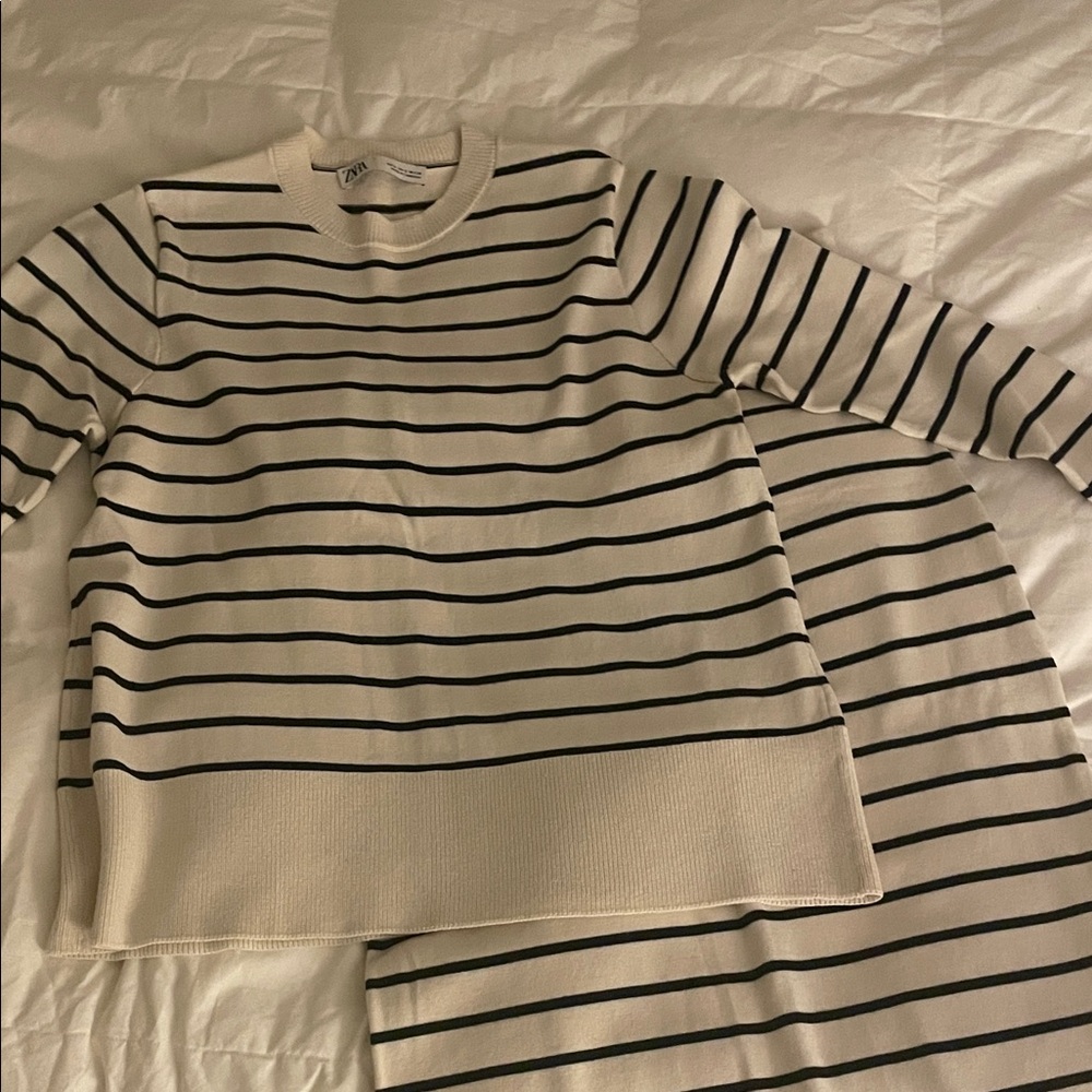 Zara Womens Cream and Black Striped Sweater/Skirt set